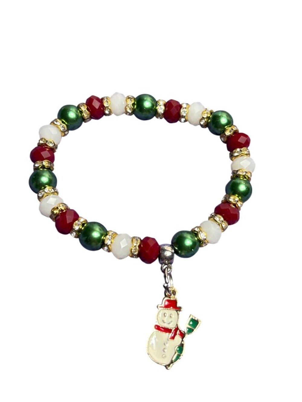 Glass Beaded Stretchy Bracelet Goldtone Clear Rhinestones Enamel Snowman Charm